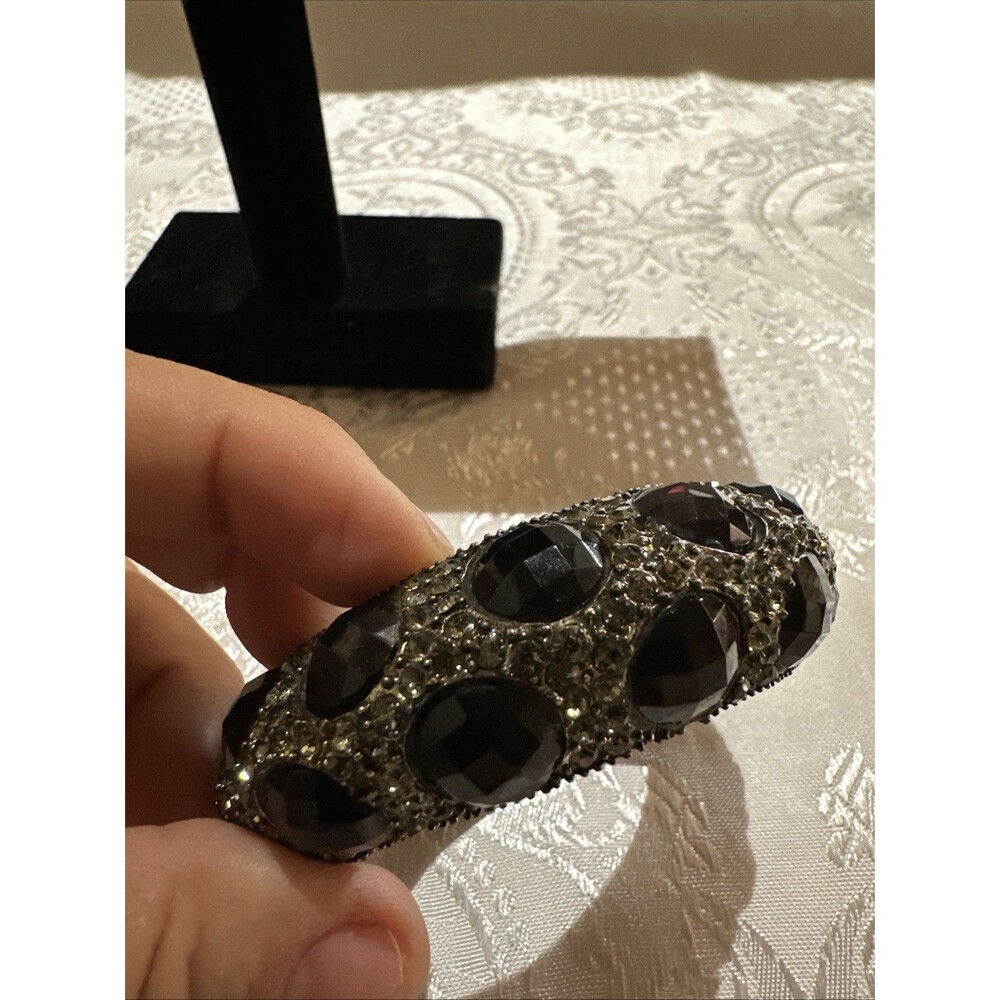 Silver Tone Black Clear Faceted Rhinestones Cuff Bracelet Handcrafted Artisan - Picture 7 of 15